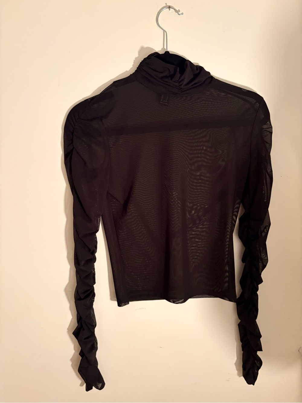 Black Sheer Ruched-Sleeve Turtleneck Top - Women
